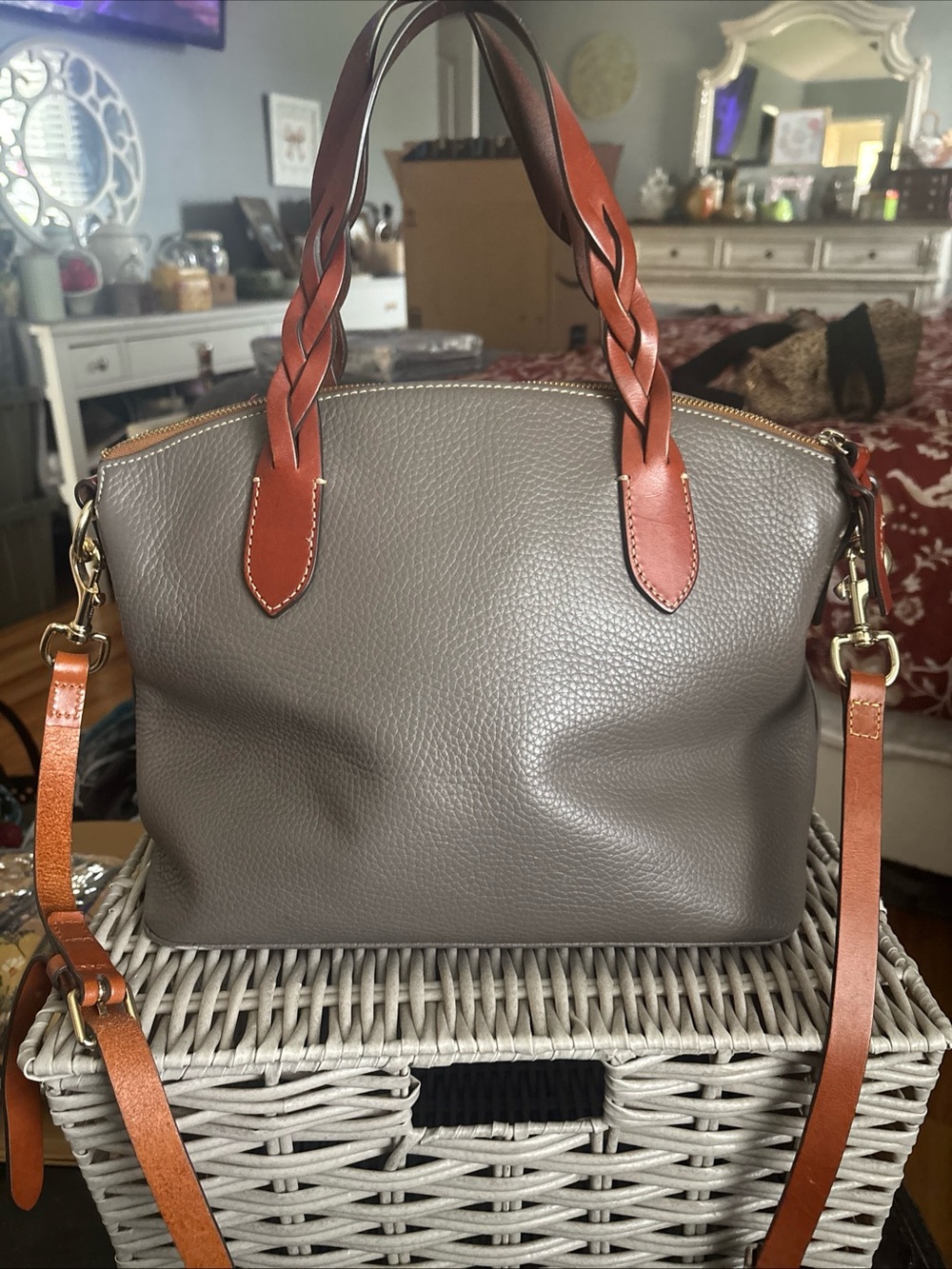 Dooney & Bourke Gray Pebble Leather Satchel with Brown Trim - Picture 5 of 12